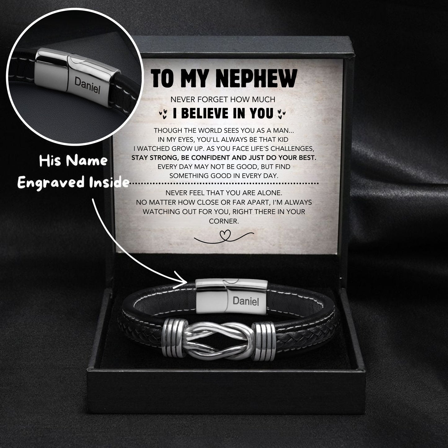 Nephew's Infinity Knot Bracelet Gift Set with Engraved Name